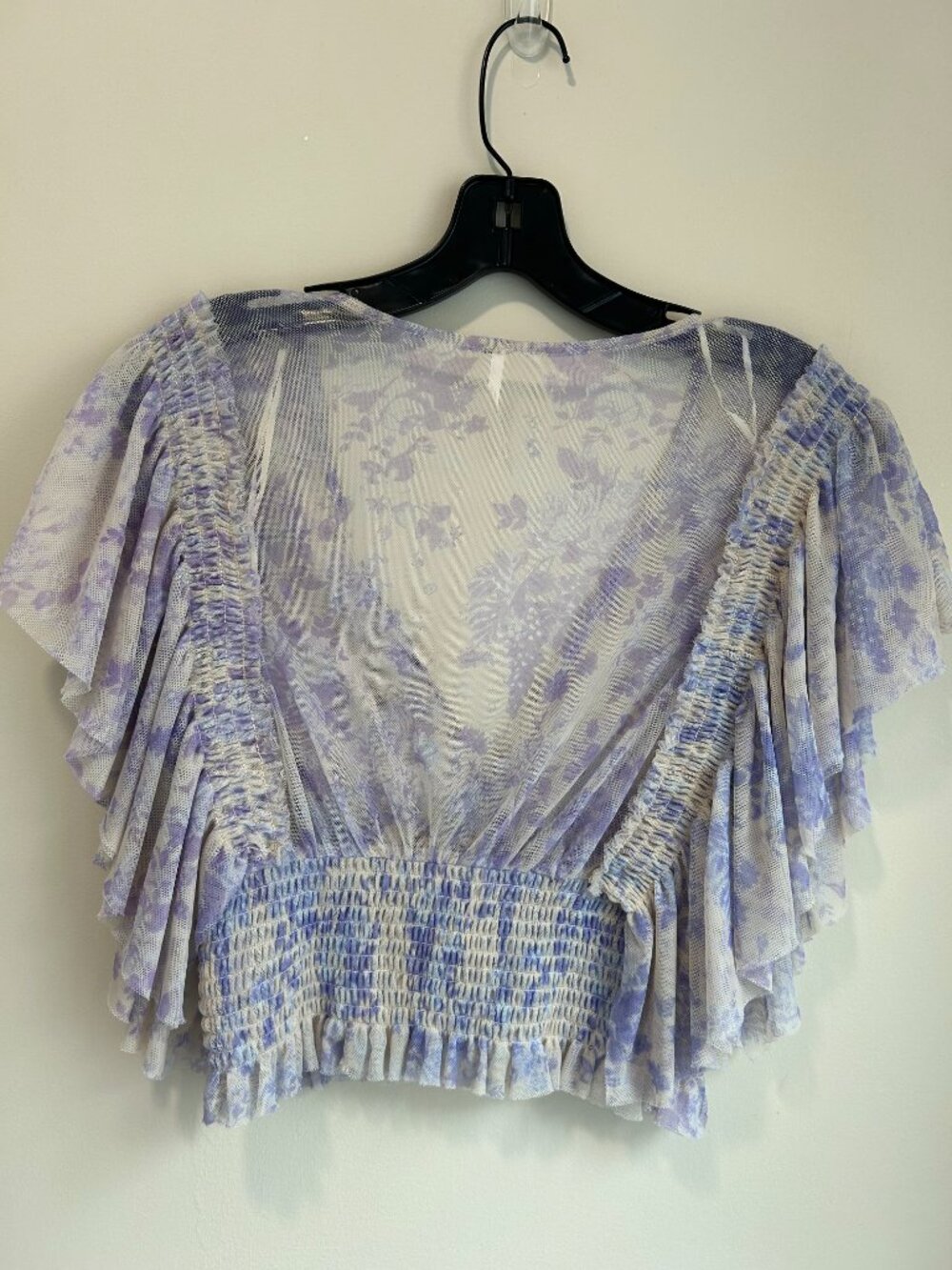 Free People Sugar Top Blue Floral Sheer Ruffle Crop Boho‎ Romantic Blouse M - Picture 6 of 9